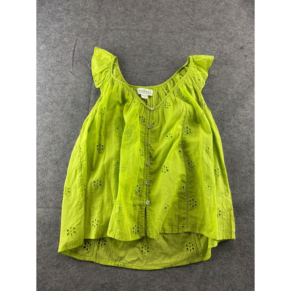 Velvet by Graham & Spencer Lime Green Eyelet Cotton Ruffle Sleeve Blouse Small